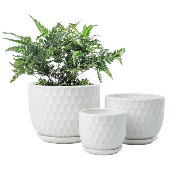 White 3pc Set Textured Ceramic Planters and Attached Saucers #POT0055 - Picture 6 of 7